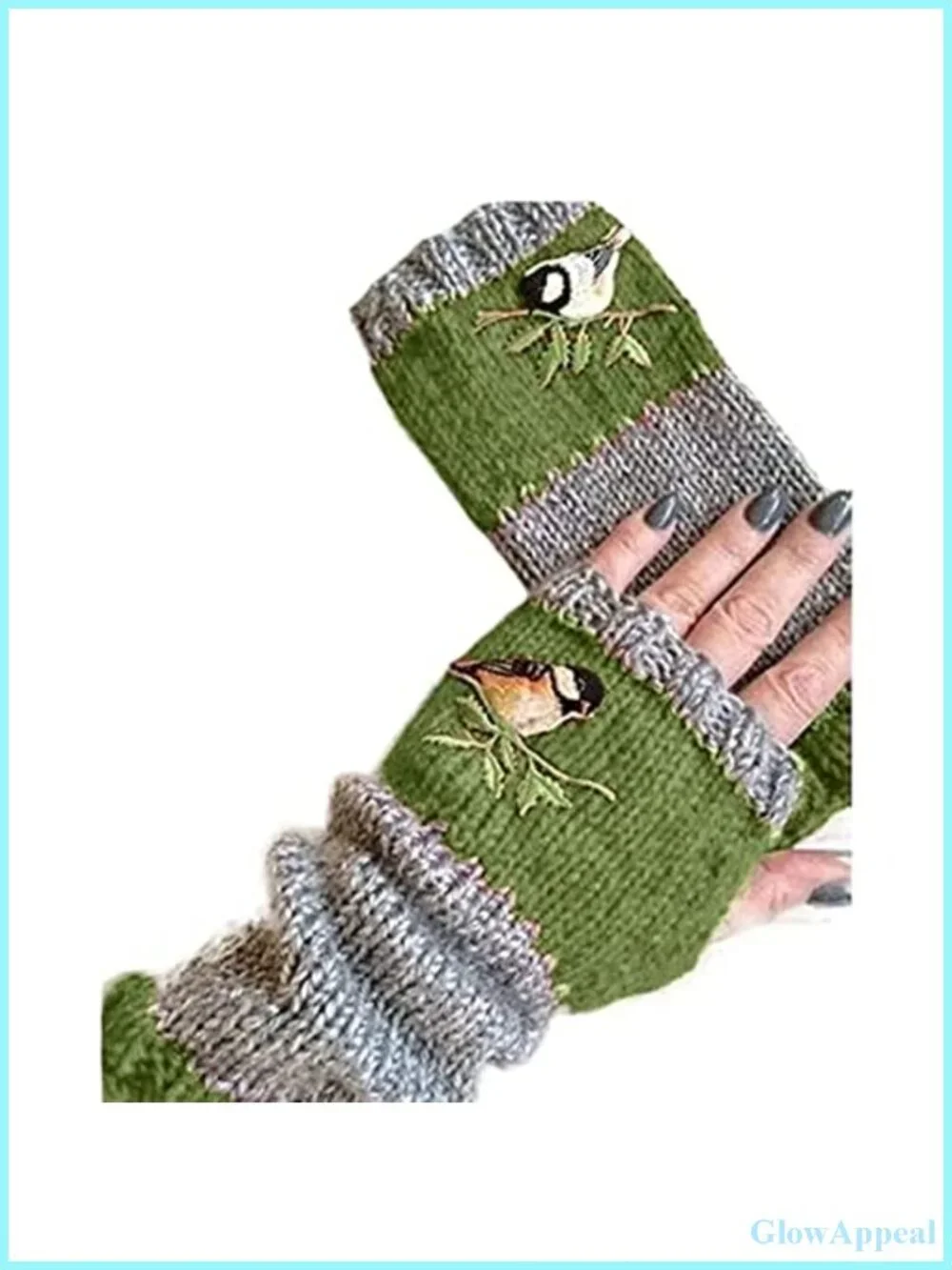 Vintage Knitted Fingerless Gloves with Bird Embroidery, Acrylic Warm Winter